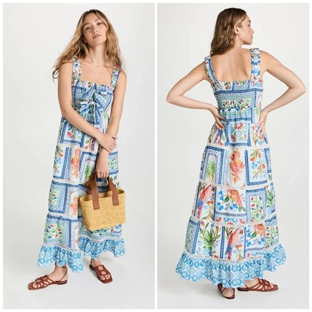 Farm Rio Tropical Tiles Sleeveless Square Neck Smocked Maxi Sundress Blue Large